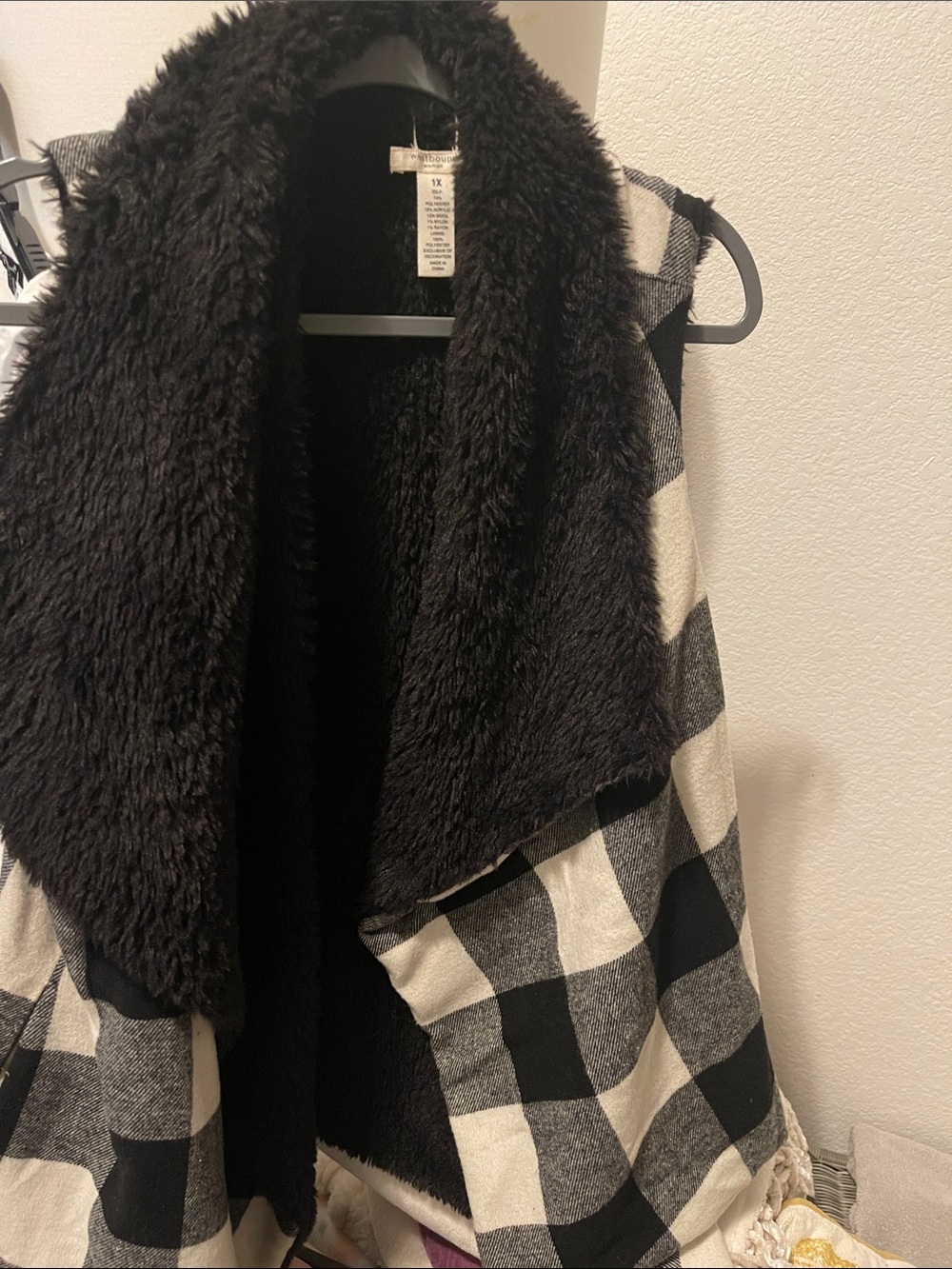 Westbound Black and White Buffalo Check Faux Fur Vest